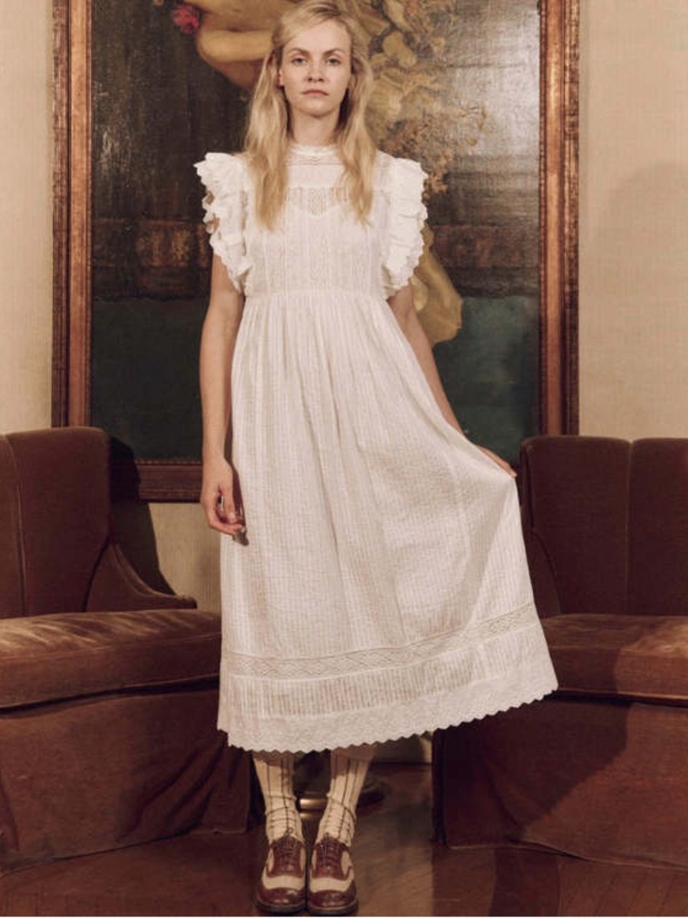NEW THE GREAT. The Trellis Lace & Ruflle Midi Dress Size 1